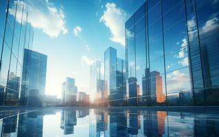 AI generated abstract scene with glass skyscrapers and reflection on the floor. photo