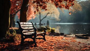 AI generated Tranquil autumn forest, yellow leaves, serene bench, nature beauty generated by AI photo