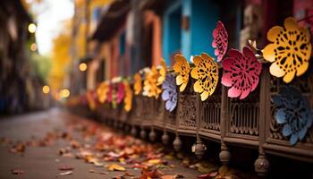 ai generado vibrante otoño hojas Decorar al aire libre mesa, celebrando indígena cultura generado por ai foto