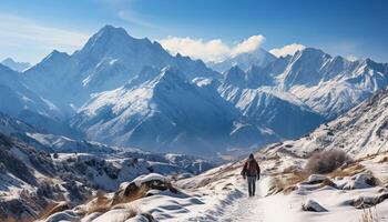 AI generated One person hiking, exploring tranquil mountain peak, enjoying nature generated by AI photo