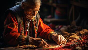 AI generated Senior men and women working indoors, sewing traditional clothing with skill generated by AI photo
