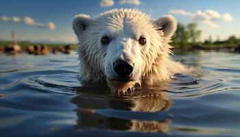 ai generado linda perro nadando en tranquilo estanque, reflejando ártico paisaje generado por ai foto