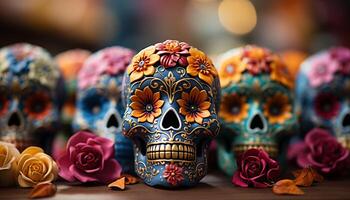 ai generado día de el muerto celebracion vistoso calaveras en de madera mesa generado por ai foto