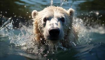 ai generado linda mojado perrito salpicaduras en agua, juguetón y divertido generado por ai foto