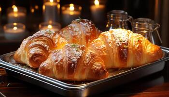 AI generated Freshly baked croissant on wooden table, perfect French indulgence generated by AI photo