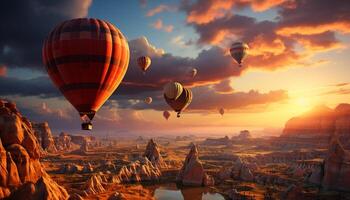 AI generated Hot air balloon flying over mountain landscape at sunset generated by AI photo