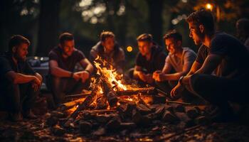 ai generado grupo de personas sentado alrededor un hoguera, sonriente y disfrutando naturaleza generado por ai foto