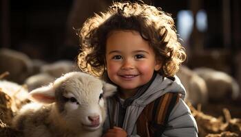 AI generated Cute child smiling, looking at camera, holding playful farm animal generated by AI photo