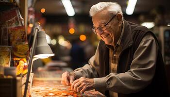 AI generated One senior man smiling, holding food, enjoying workshop craft generated by AI photo