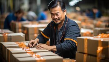 AI generated A young adult man smiling, packaging crates in a warehouse generated by AI photo