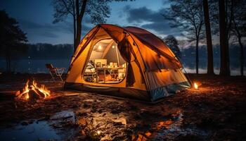 AI generated Camping adventure tent, fire, nature, hiking, mountain, relaxation, lantern generated by AI photo