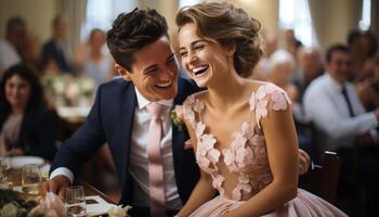 AI generated Smiling men and women, wedding happiness, celebration of love generated by AI photo