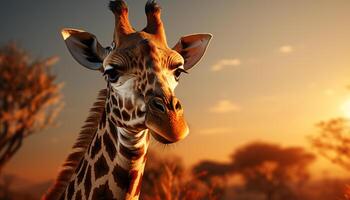 AI generated Giraffe standing in the sunset, nature beauty in Africa generated by AI photo