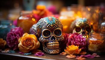 ai generado día de el muerto celebracion vistoso decoraciones, escalofriante calaveras, vibrante flores generado por ai foto