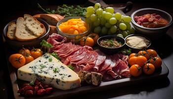 ai generado un rústico mesa con un abundancia de Fresco gastrónomo comida generado por ai foto