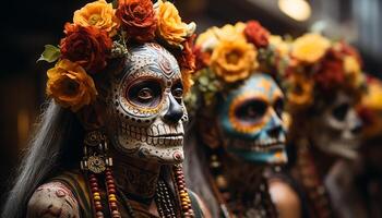 ai generado día de el muerto celebracion vistoso, tradicional, escalofriante, elegante disfraces generado por ai foto