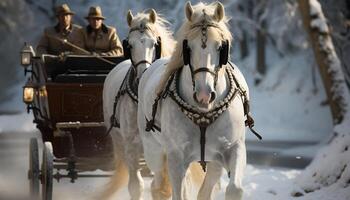 AI generated A majestic stallion gallops through the snowy ranch generated by AI photo