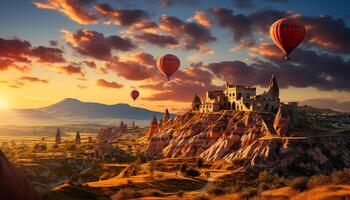 AI generated Hot air balloon flying over ancient sandstone chimney at sunrise generated by AI photo