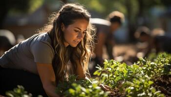 AI generated Two young women smiling, planting flowers in the summer sun generated by AI photo