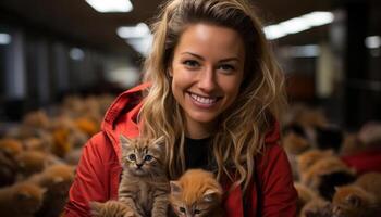 ai generado sonriente mujer abrazo mascotas, radiante felicidad y alegre amor generado por ai foto