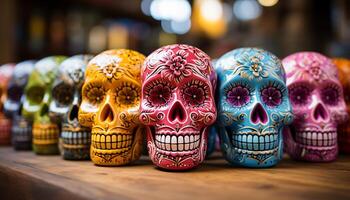 AI generated Day of the Dead celebration colorful skulls, spooky decorations generated by AI photo