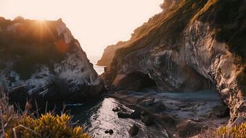 AI generated Rocky Cliff and Adjacent Body of Water. Generative AI. photo