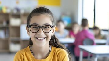 AI generated Young Girl Wearing Glasses in a Classroom. Generative AI. photo