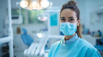 ai generado mujer vistiendo cara máscara en dentistas oficina. generativo ai. foto