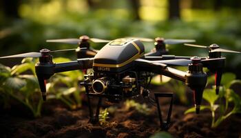 ai generado zumbido hélice flotando, capturar aéreo vista, rodaje naturaleza verde movimiento generado por ai foto