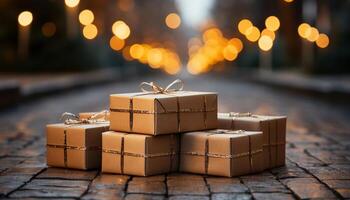 AI generated A stack of gift boxes wrapped in shiny wrapping paper generated by AI photo