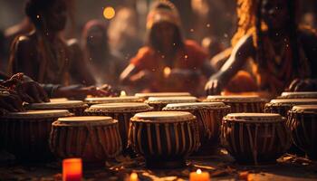 ai generado un grupo de músicos jugando tradicional instrumentos a un noche festival generado por ai foto