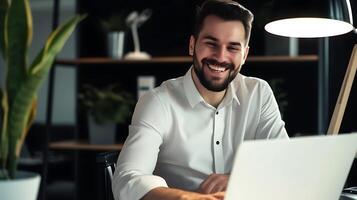 AI generated Smiling Man Working on Laptop Computer. Generative AI. photo