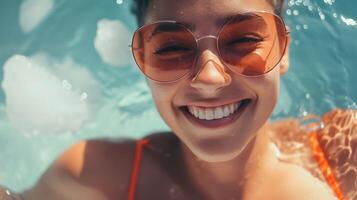 AI generated Woman in Swimming Pool Wearing Sunglasses. Generative AI. photo