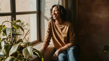 AI generated Woman Sitting on Window Sill With Potted Plant. Generative AI. photo