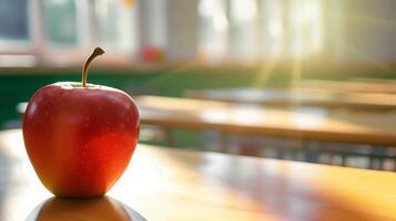 ai generado rojo manzana en de madera mesa. generativo ai. foto