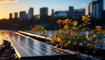 AI generated Sunset over the cityscape, skyscrapers illuminated with solar energy generated by AI photo