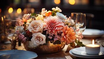 ai generado elegante Boda mesa con cubiertos, vela, y flor arreglo generado por ai foto