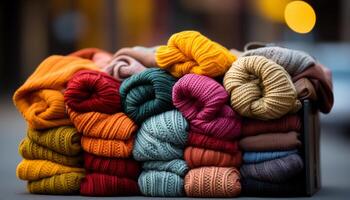 ai generado vibrante de colores lana, Moda calentar creatividad, tejido en cerca arriba generado por ai foto