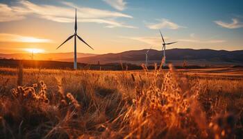 AI generated Wind turbines generate alternative energy in the sunset sky generated by AI photo