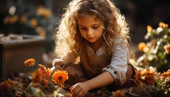 ai generado sonriente niña disfrutando naturaleza, participación flor, rodeado por belleza generado por ai foto