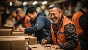 ai generado un grupo de sonriente hombres trabajando en un distribución almacén generado por ai foto