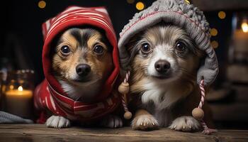 ai generado linda perrito sesión, mirando a cámara, vistiendo un invierno gorra generado por ai foto