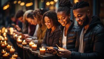 AI generated Group of young adults sitting outdoors, smiling, holding candle flame generated by AI photo
