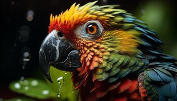 AI generated Vibrant multi colored macaw perched on branch in tropical rainforest generated by AI photo