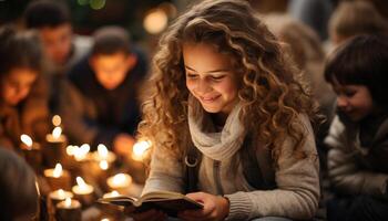 ai generado sonriente muchachas leyendo libro, unión en alegre invierno celebracion generado por ai foto