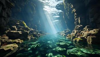 AI generated Majestic mountain reflects in tranquil blue underwater grotto generated by AI photo