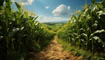 AI generated Rural farm landscape, green meadow, corn rows, autumn harvest generated by AI photo