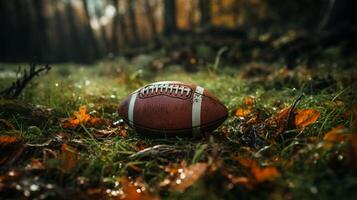 AI Generated Game time - football buried in fallen leaves photo