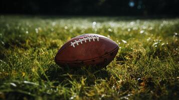 AI Generated Oval leather brown rugby ball lies on the green grass under the flights of sunlight photo