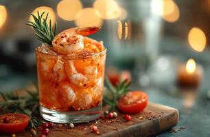 AI generated Shrimp cocktail by kevin sanford. A glass filled with succulent shrimp and decorated with a sprig of aromatic rosemary. photo